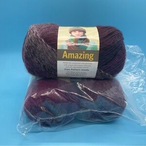 Three 50 gram skeins yarn Lion Brand “Amazing” wool blend color Vineyard OOP